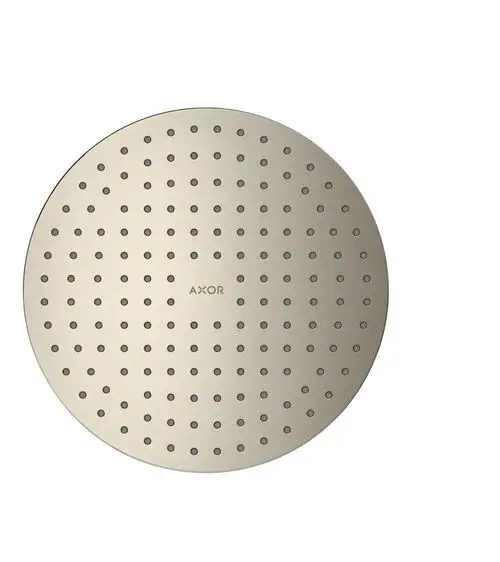 Runde Kopfbrause in gebürstetem Nickel mit gleichmäßig verteilten Wasserlöchern. Logo „AXOR“ in der Mitte erkennbar.